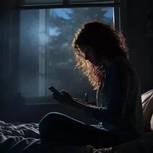 Melher sentada na cama mexendo no celular de madrugada com insónia