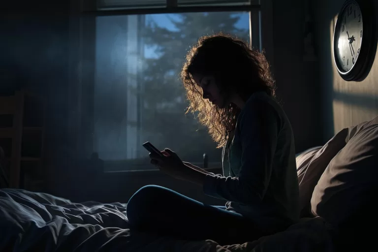 Melher sentada na cama mexendo no celular de madrugada com insónia