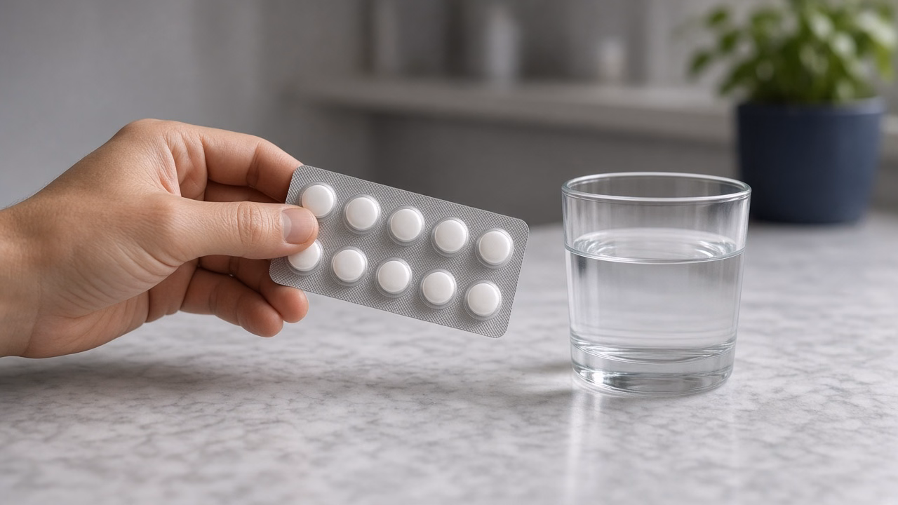 Antidepressivo: mão segurando uma cartela de comprimidos ao lado de um copo d'água sobre balcão de mármore claro, com luz natural