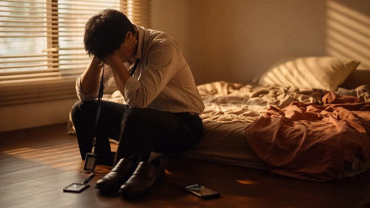 Burnout e esgotamento mental: pessoa exausta sentada na beira da cama ao amanhecer, com as mãos na cabeça e o crachá do trabalho no chão