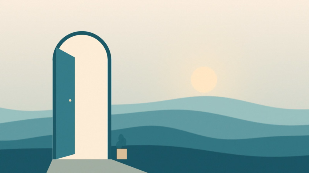 Ilustração serena em tons de verde-azulado e areia com uma porta entreaberta para um horizonte iluminado, simbolizando enfrentar a fobia social aos poucos