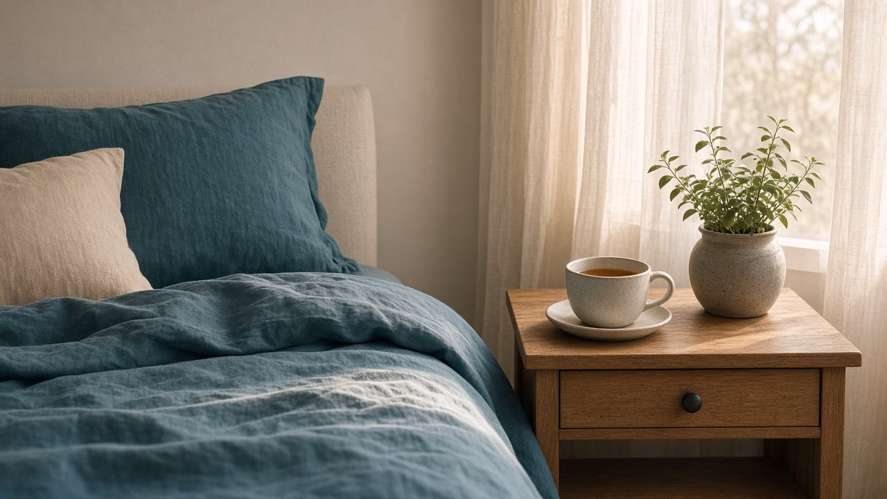 Quarto sereno com roupa de cama verde-azulada e chá na mesa de cabeceira, ilustrando insônia e ansiedade e o descanso noturno