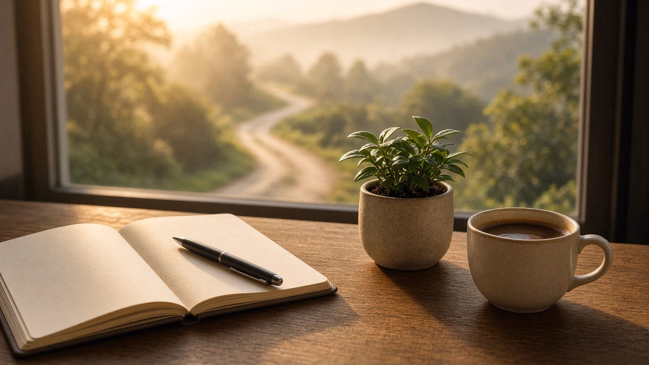 Mesa de madeira com caderno aberto, caneta, xícara de café e planta, diante de uma janela com vista para uma estrada sinuosa ao amanhecer